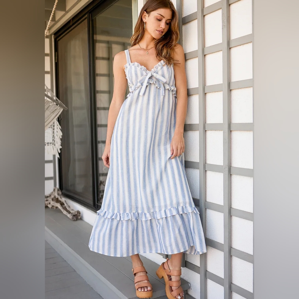 NWOT Lulu's Pier for You Blue and White Striped Ruffled Midi Dress